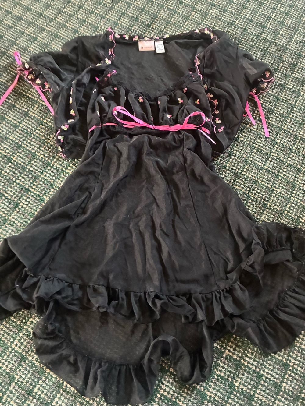 Enchanted black nylon babydoll dress with pink ribbon and ruffles, size L but mo